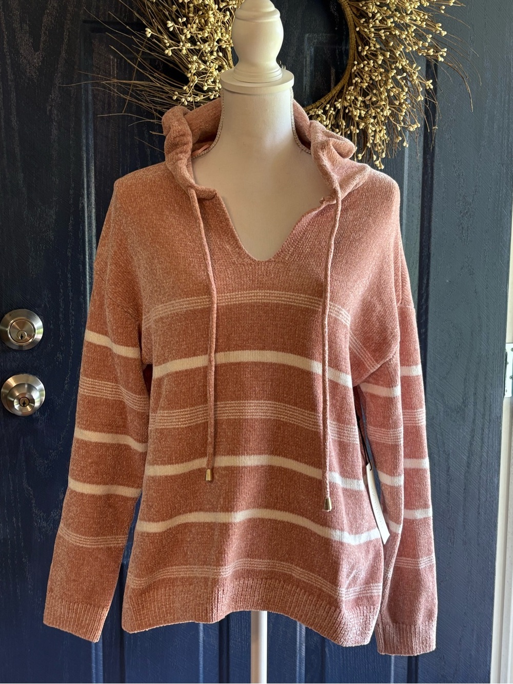 Rachel Zoe Striped Chenille V-Neck Hooded Sweater Size Small NWT Ultra Soft